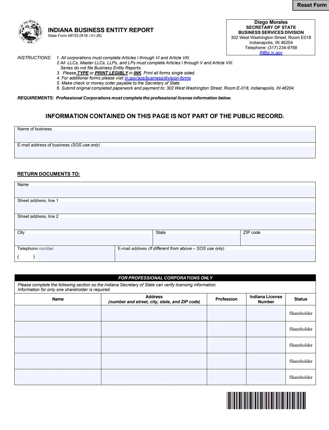Indiana State Form 48725 for filing an LLC business entity report by mail