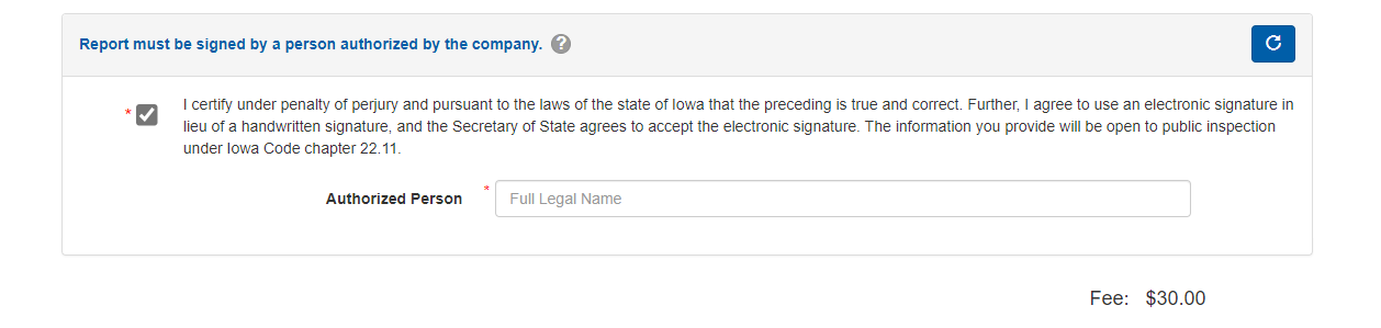 Electronically signing and reviewing payment for an Iowa LLC biennial report