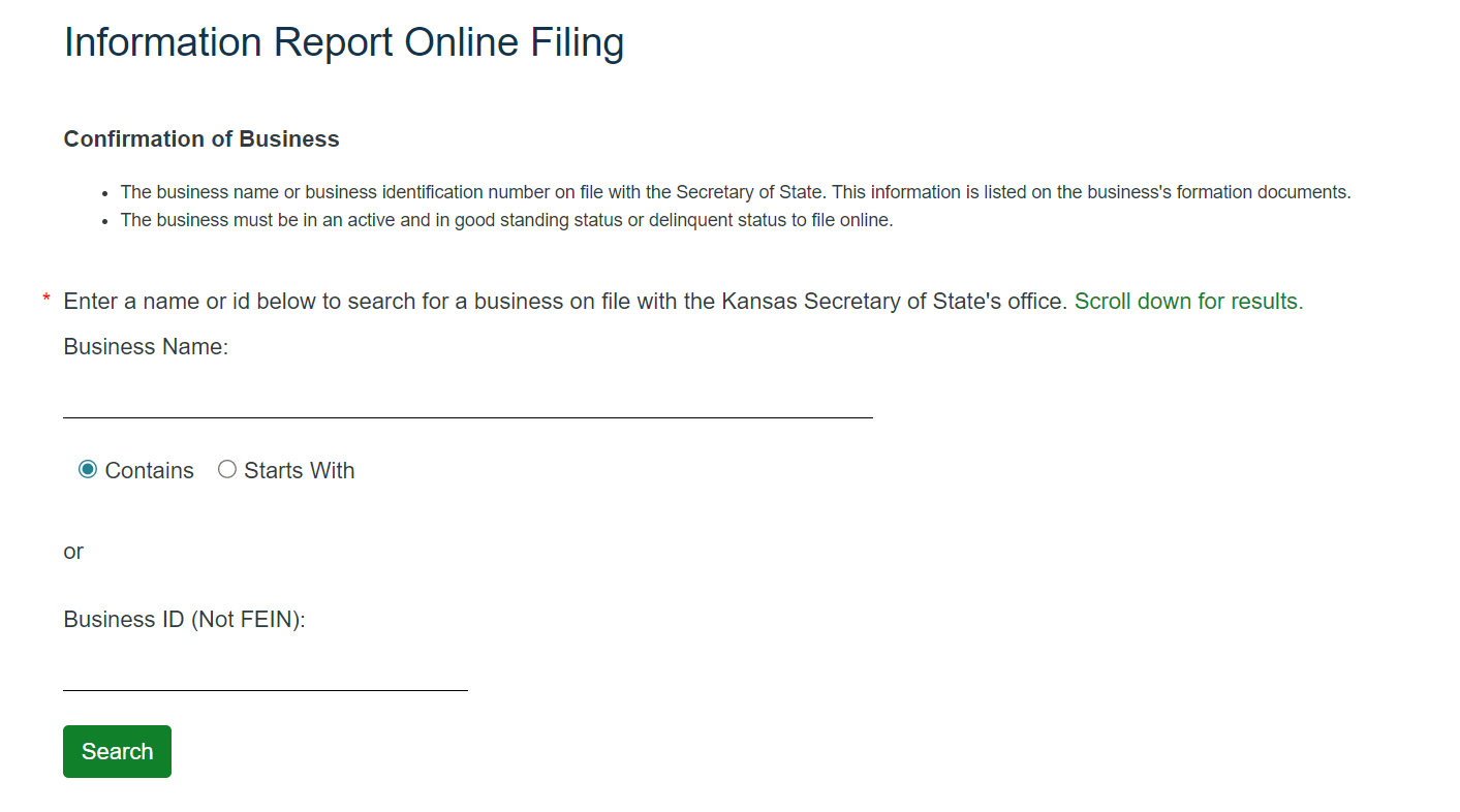 Kansas LLC Information Report: 2026 Biennial Guide 2 Searching for a Kansas LLC by business ID or legal name in the Business Filing Center