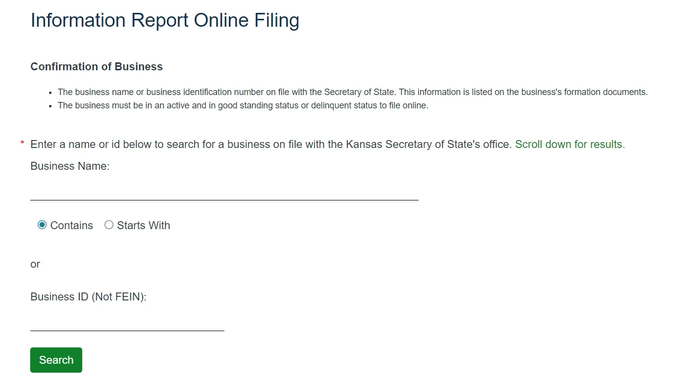Searching for a Kansas LLC by business ID or legal name in the Business Filing Center