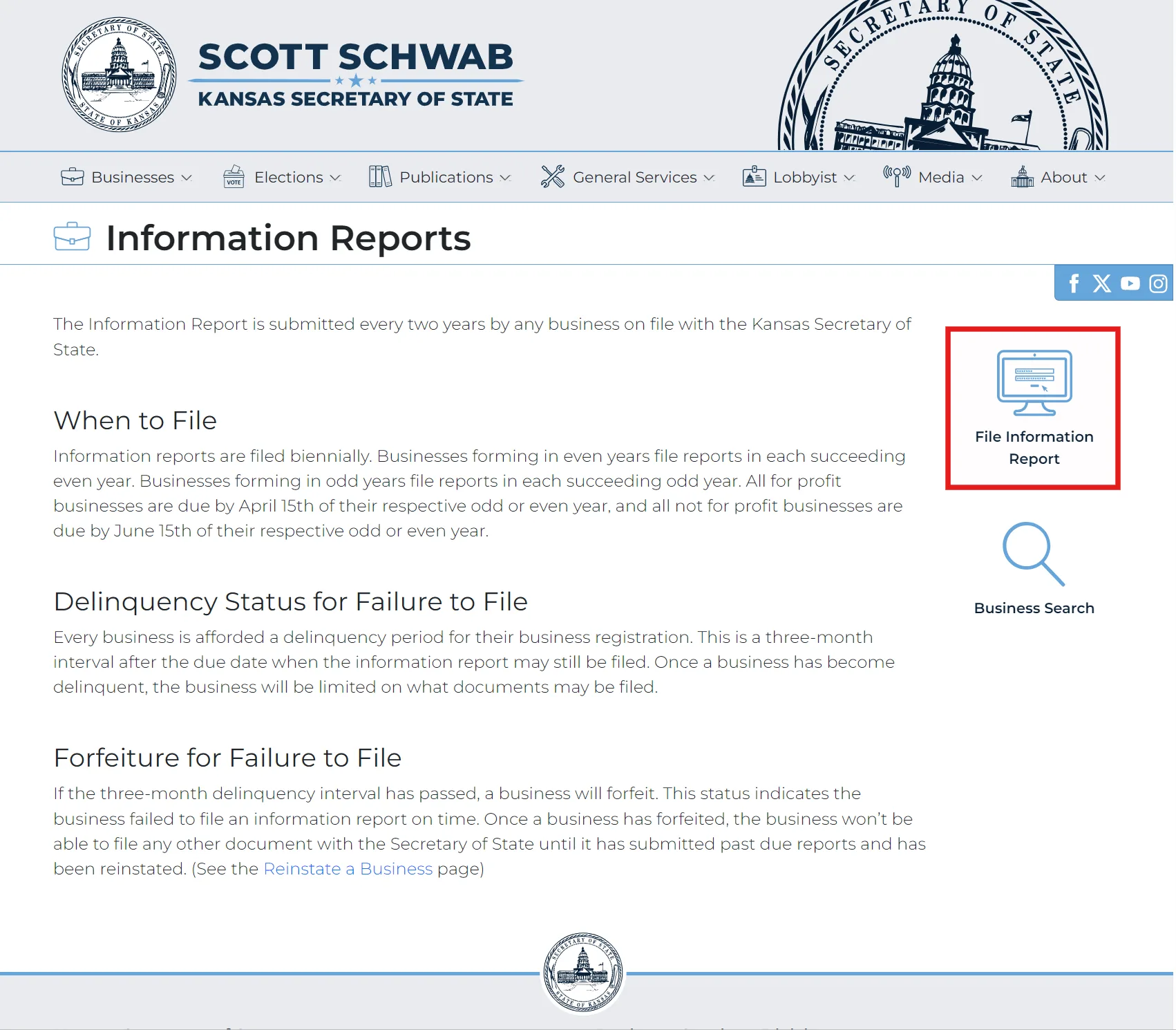 Clicking the File Information Report option on the Kansas Secretary of State page