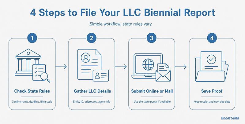 LLC Biennial Report: Filing Requirements, Deadlines, Fees, and Penalties 1 4-step workflow to file an LLC biennial report