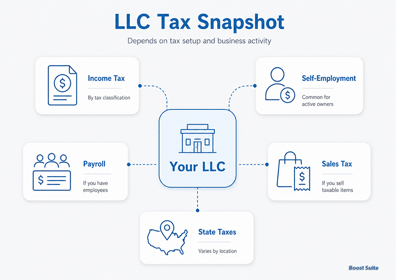 LLC Taxes: How Limited Liability Companies Are Taxed 1 LLC tax types overview with income, self-employment, payroll, sales, and state taxes.