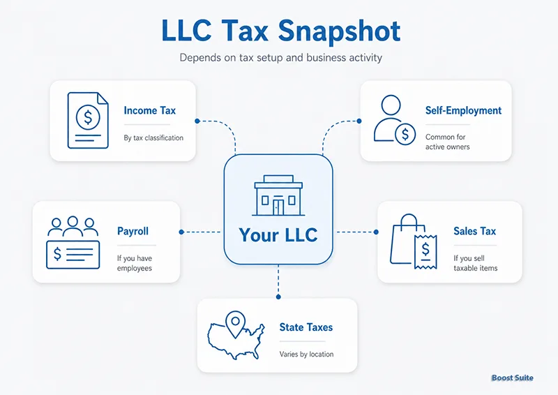 LLC Taxes: How Limited Liability Companies Are Taxed 1 LLC tax types overview with income, self-employment, payroll, sales, and state taxes.