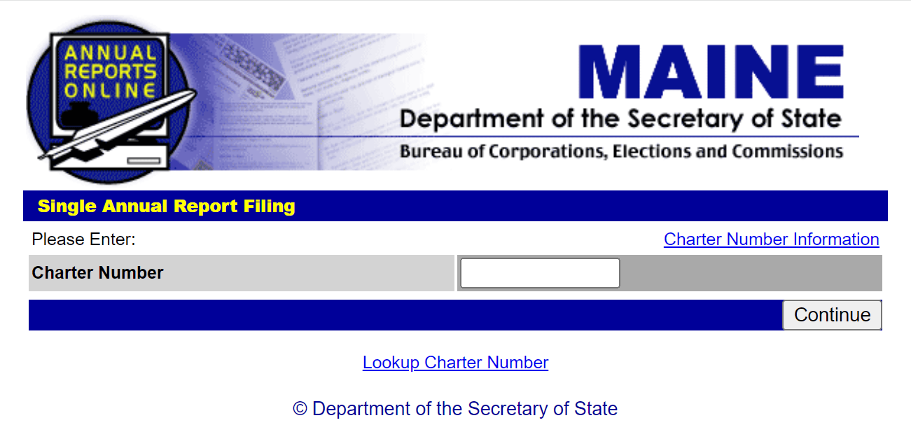 How to File a Maine LLC Annual Report by June 1, 2026 2 Entering a Maine LLC charter number to pull prior annual report data