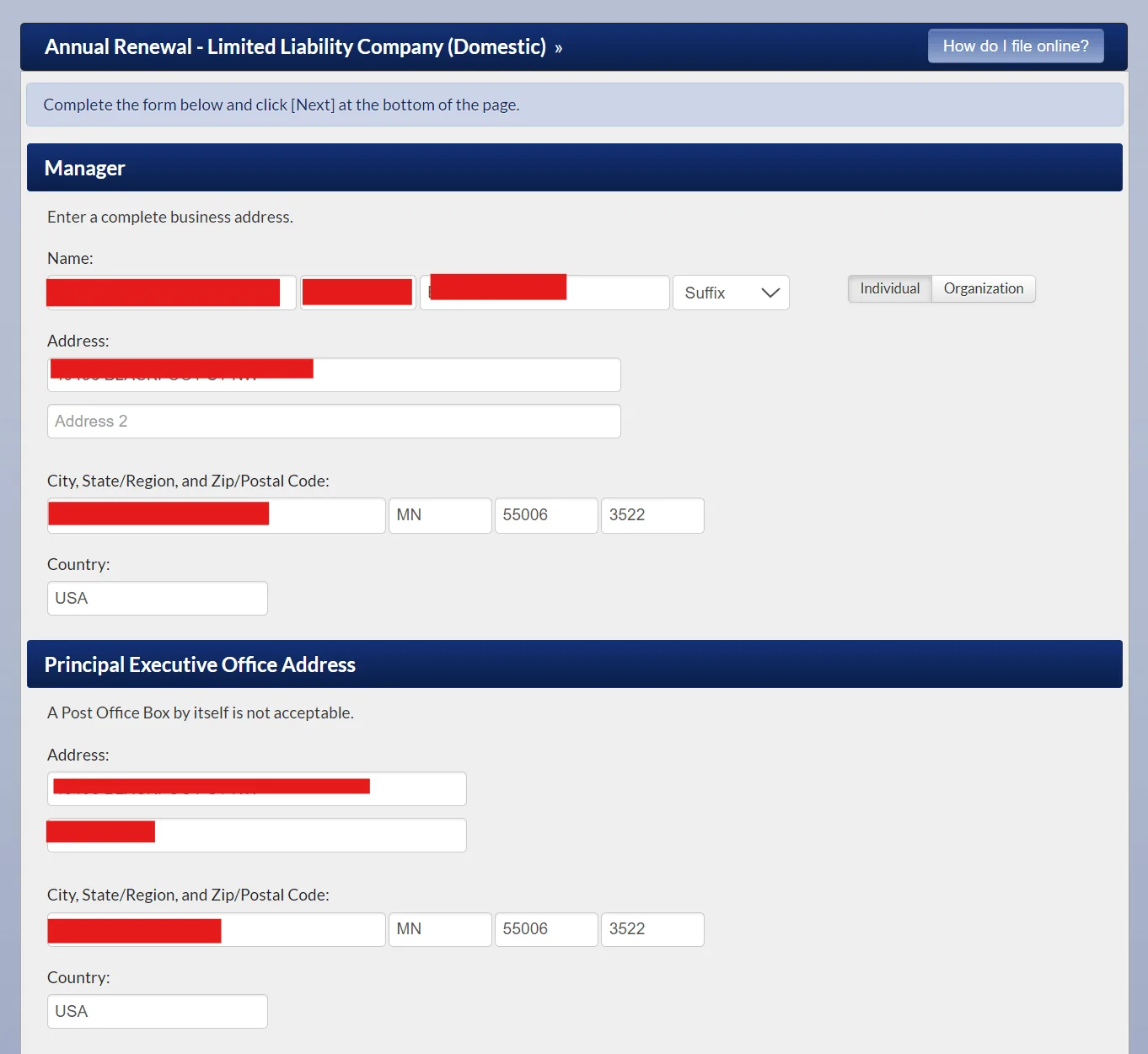Reviewing and updating prefilled Minnesota LLC annual renewal information