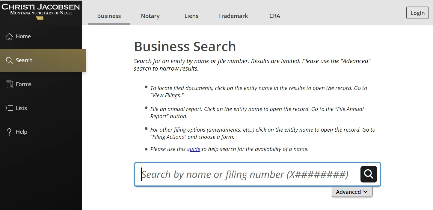 Searching for a Montana LLC by business name or Folder ID