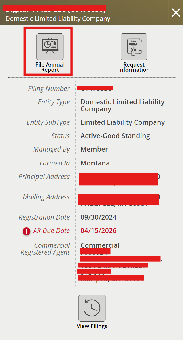 Montana LLC Annual Report: 2026 Deadline and Fee 4 Clicking File Annual Report from a Montana LLC record panel