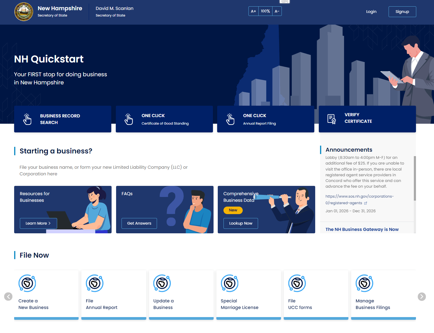 New Hampshire LLC Annual Report: 2026 Filing Guide 1 NH QuickStart business filing system login page