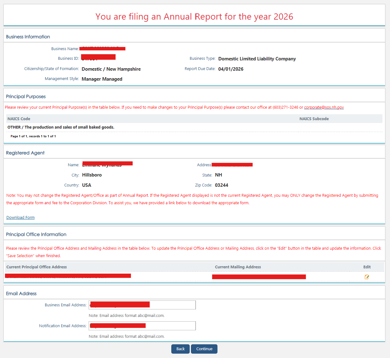 New Hampshire LLC Annual Report: 2026 Filing Guide 4 NH QuickStart One Click annual report review screen