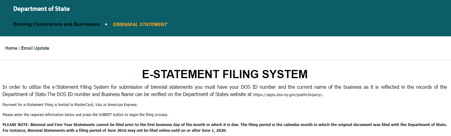 New York LLC Biennial Statement: 2026 Filing Guide 1 New York e-Statement Filing Service biennial statement start page