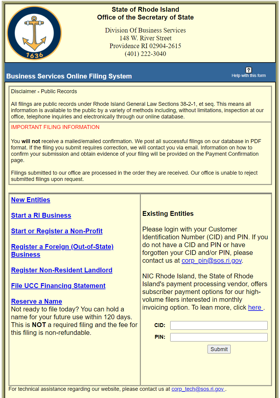 Rhode Island LLC Annual Report: Form 632, Due May 1 1 Rhode Island Business Services Online Filing System for LLC annual report