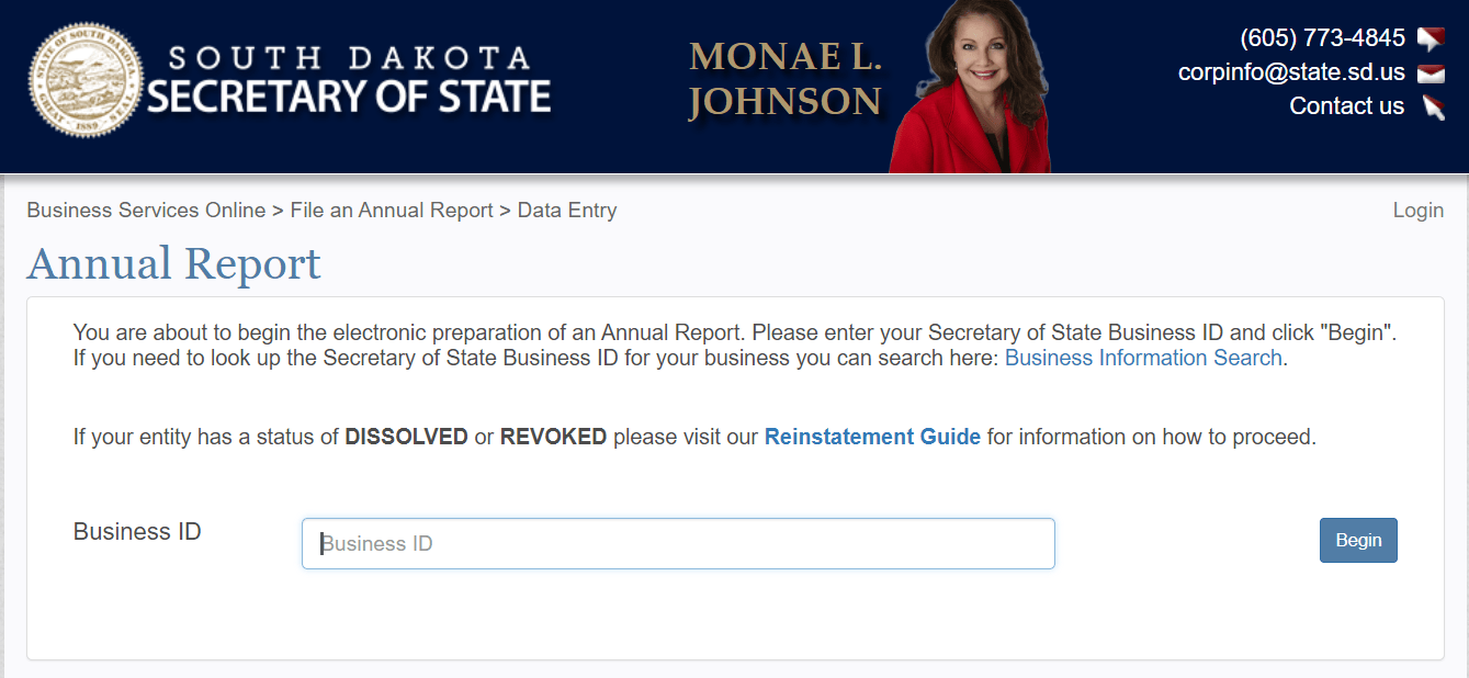 South Dakota LLC Annual Report: $55 Fee & Deadline 2 South Dakota Annual Report tool Business ID entry screen