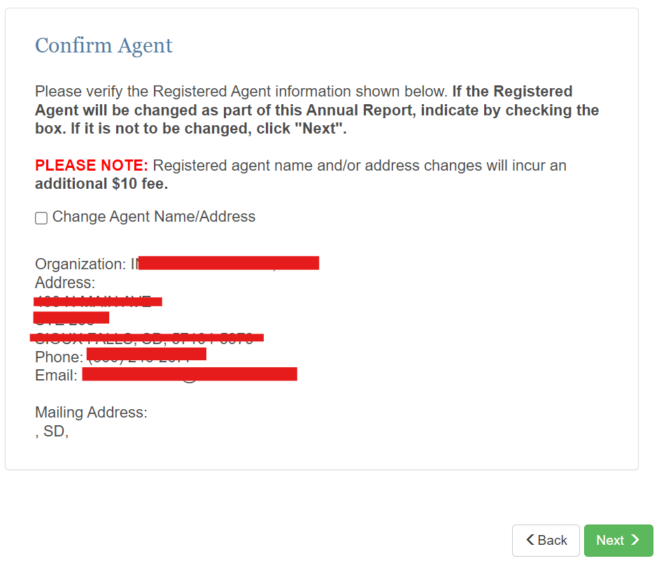 South Dakota LLC Annual Report: $55 Fee & Deadline 4 South Dakota LLC annual report registered agent update screen