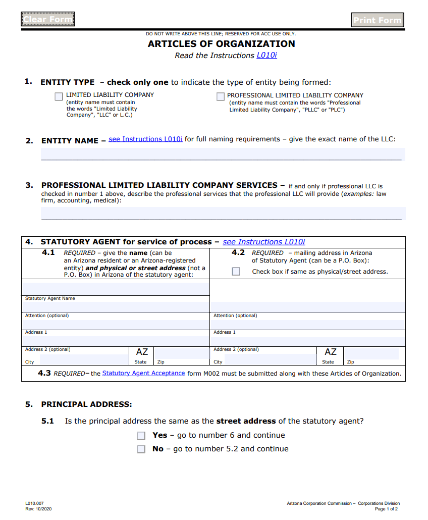 Arizona Form L010 LLC Articles of Organization