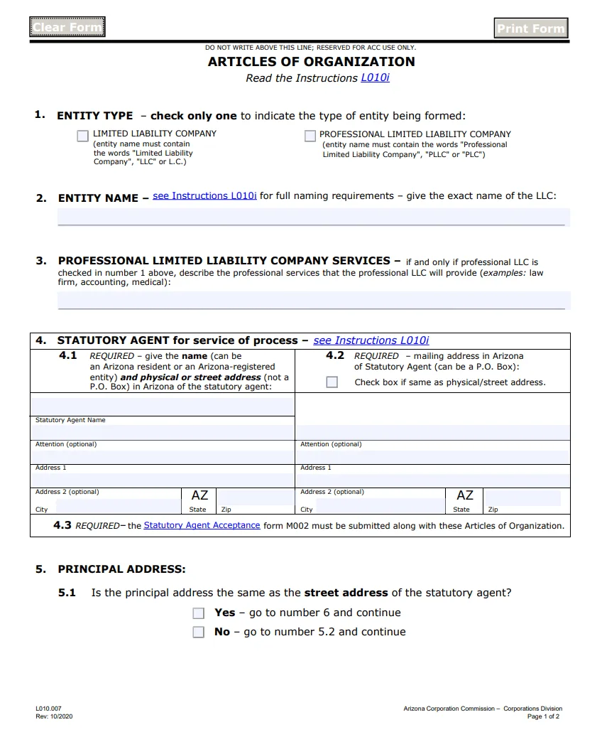 How to Start an LLC in Arizona: The 2026 Step-by-Step 2 Arizona Form L010 LLC Articles of Organization