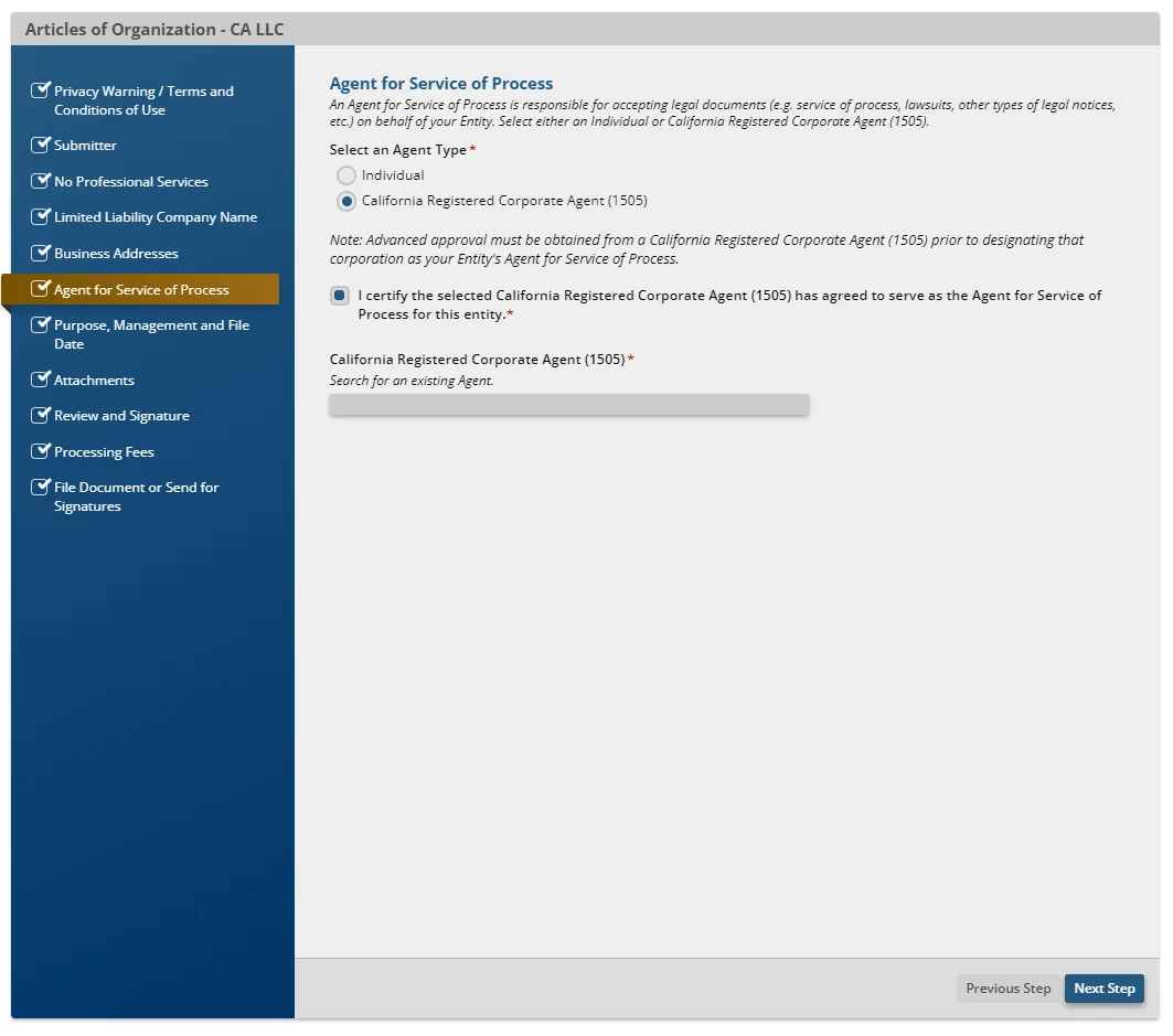 California LLC-1 Articles of Organization filing on bizfile Online portal