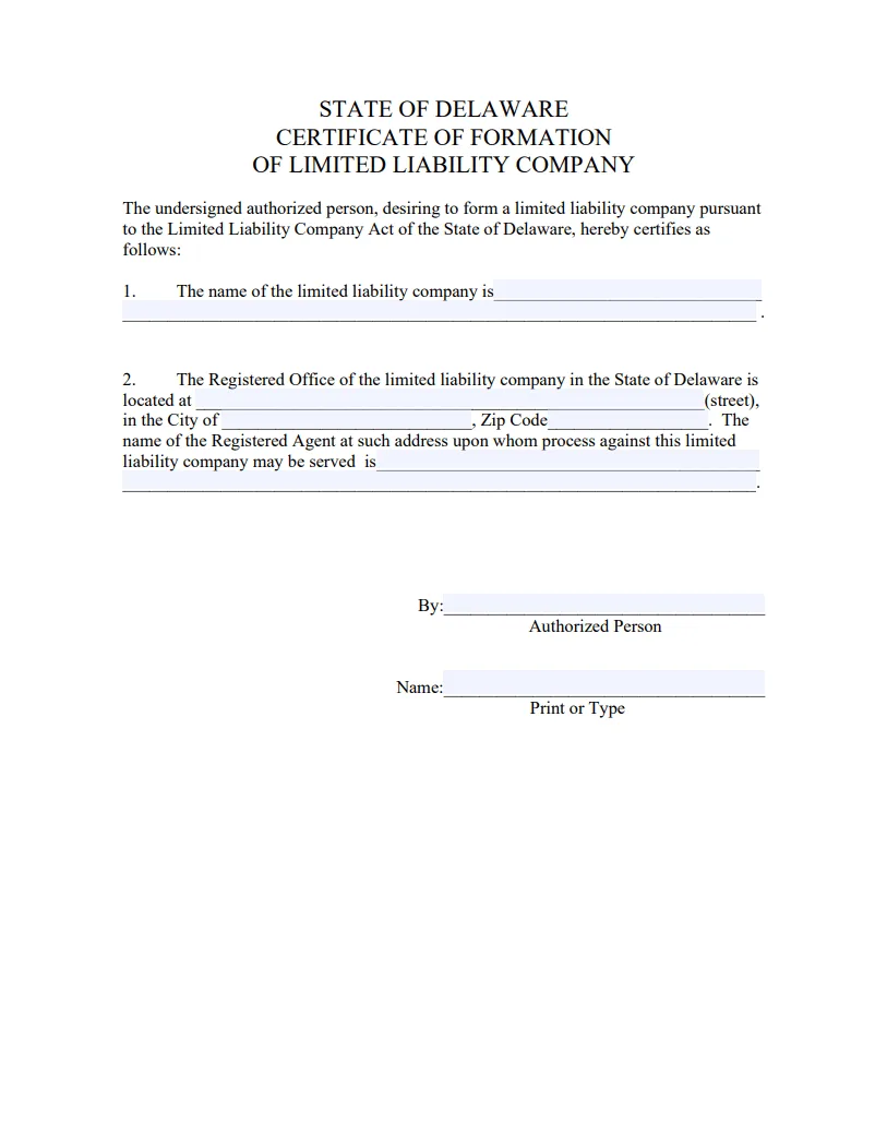 Delaware Certificate of Formation filing form