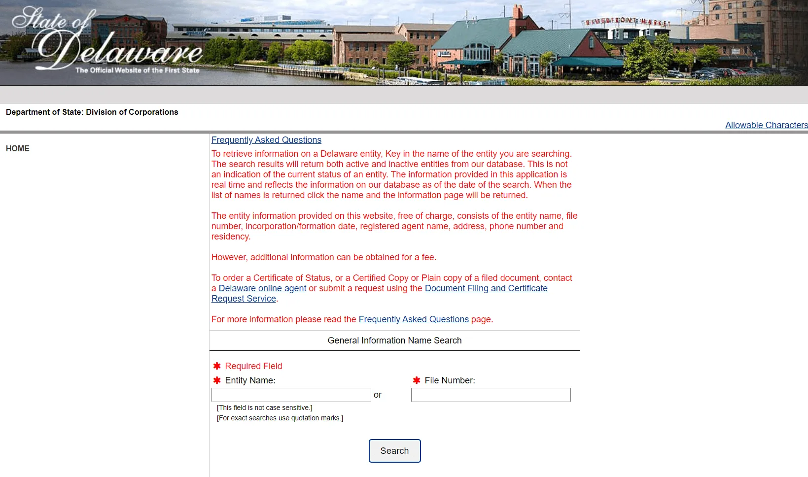 Delaware LLC name search in state business entity records portal