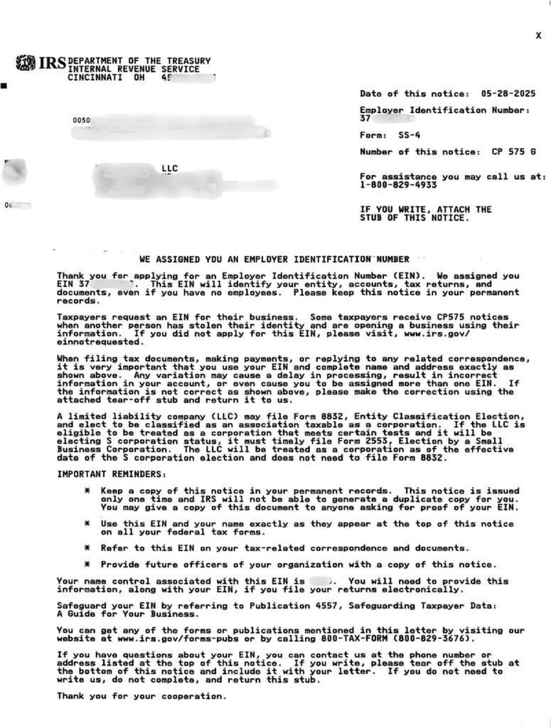 Maryland LLC EIN approval CP 575 confirmation letter from the IRS
