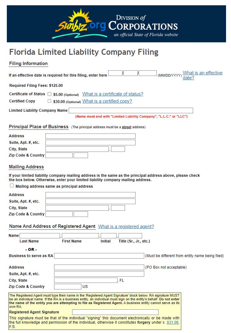 Florida LLC Articles of Organization filing on Sunbiz portal