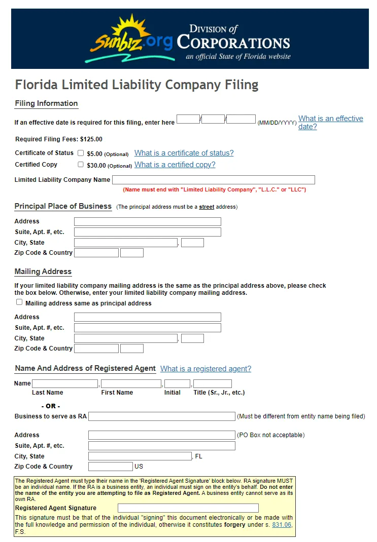 Florida LLC Articles of Organization filing on Sunbiz portal
