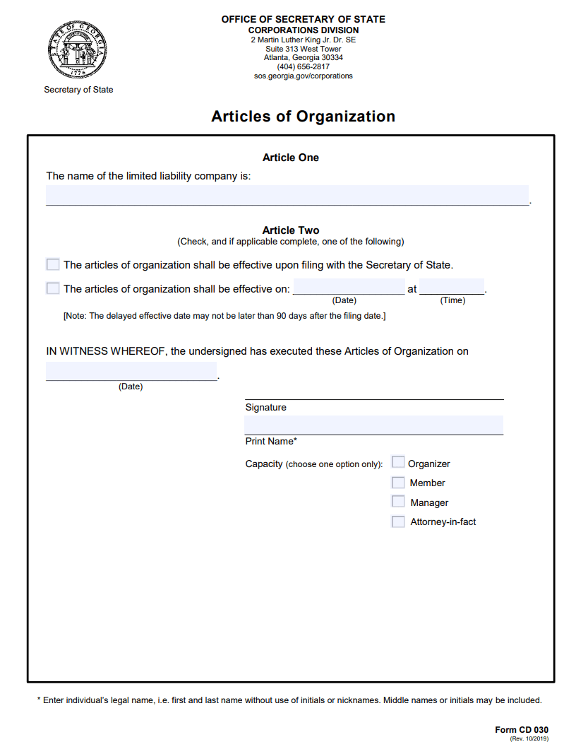 Georgia CD 030 Articles of Organization filing form