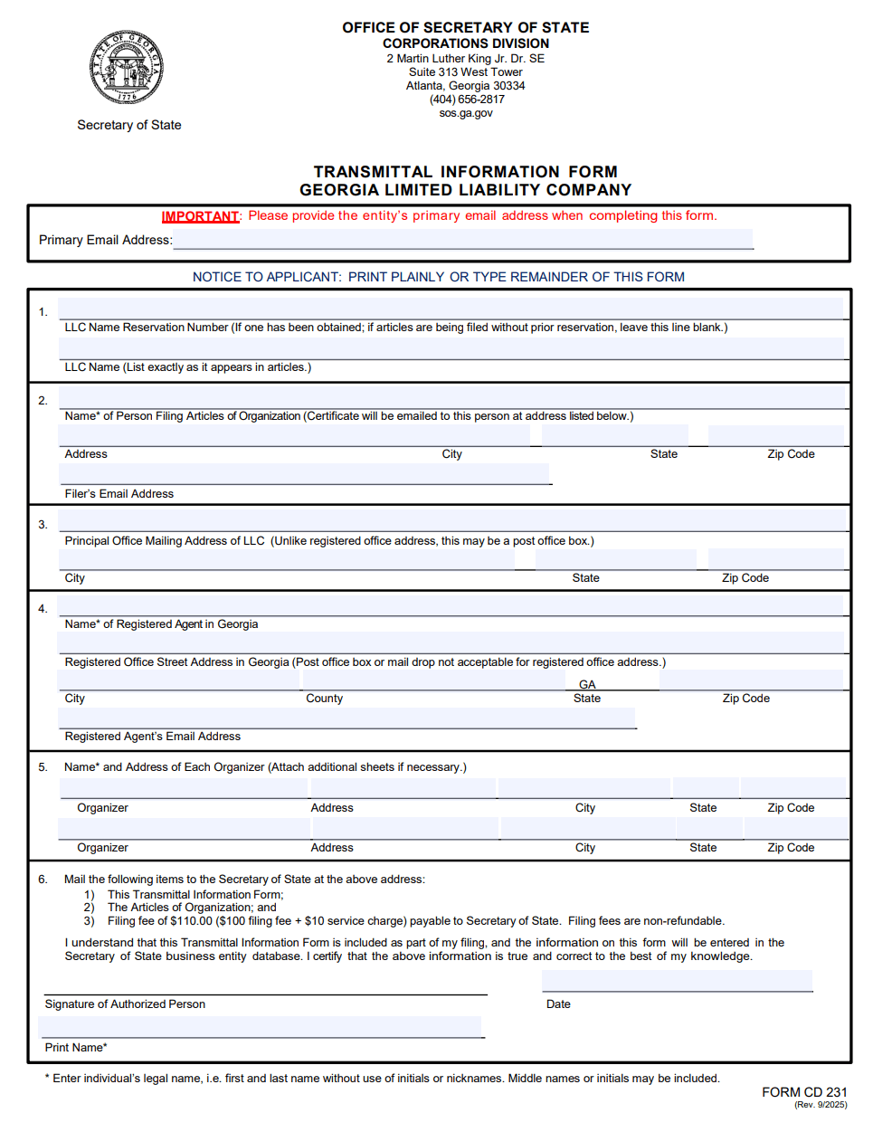 Georgia Transmittal Form 231 LLC filing submission