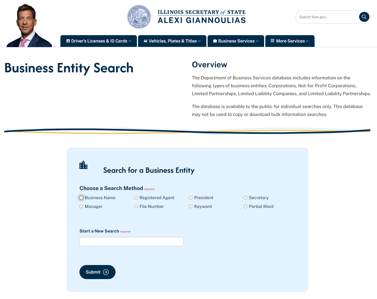 Illinois Business Entity Search page for checking LLC name availability