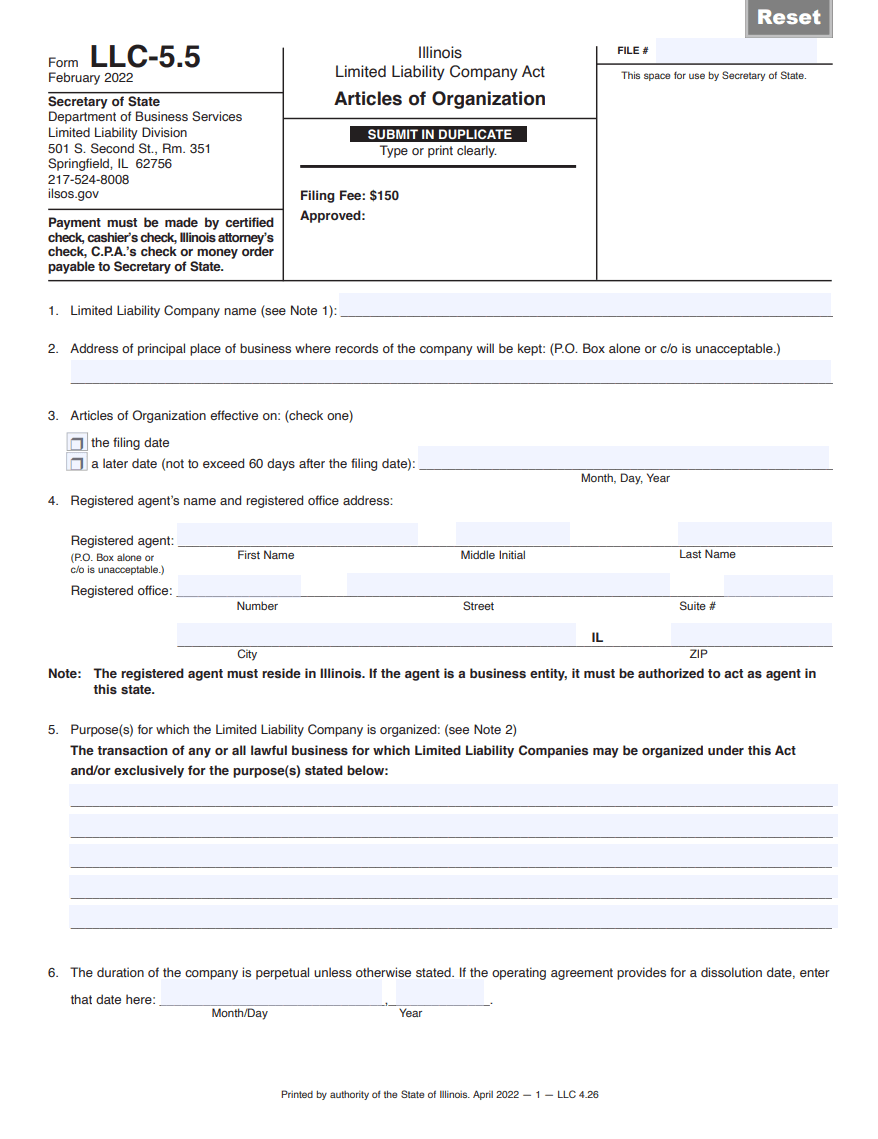 Illinois Form LLC-5.5 Articles of Organization