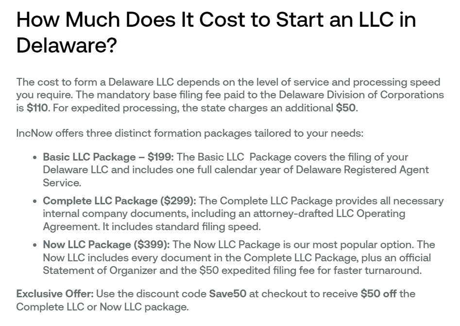 Best LLC Services in Delaware: Top Formation Companies Compared 12 IncNow Delaware LLC pricing screenshot