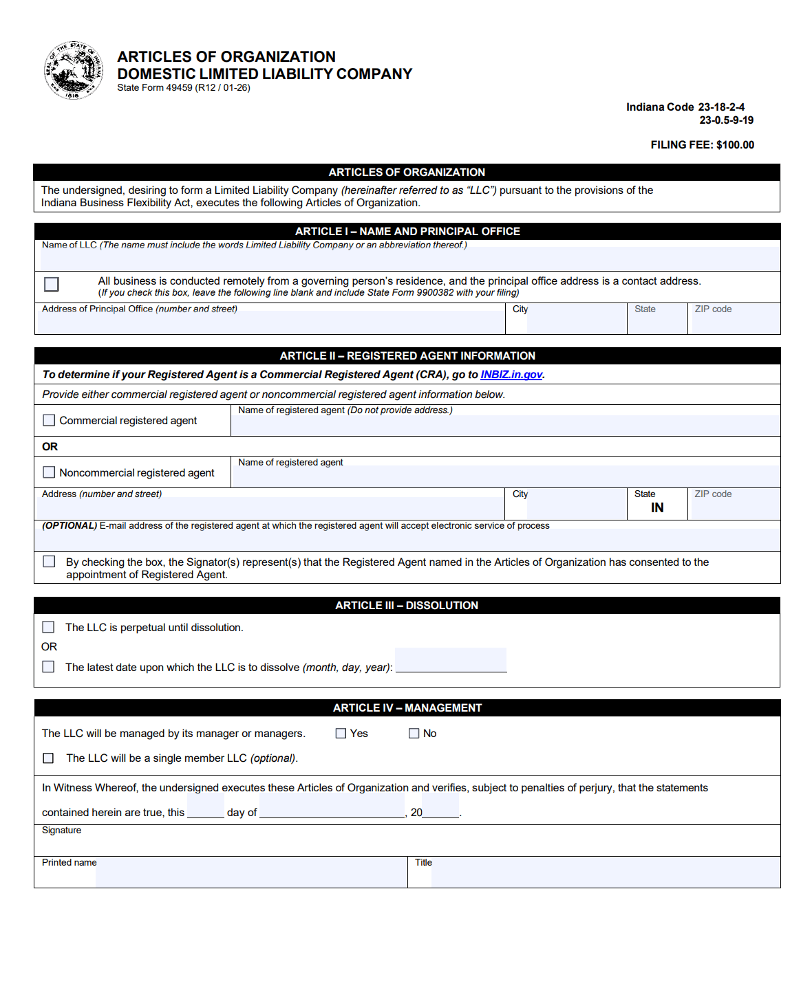 Indiana Articles of Organization Form 49459