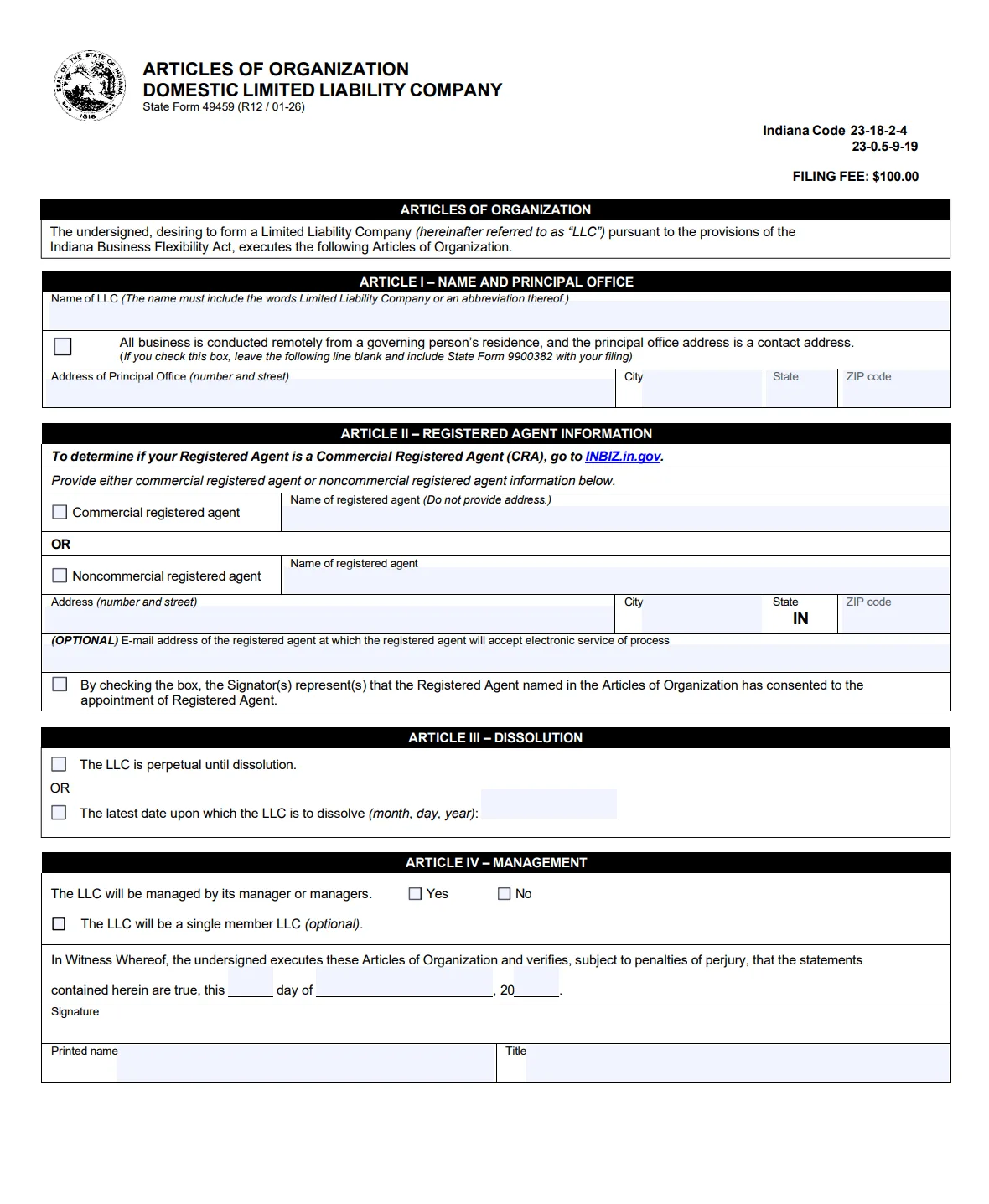 Indiana Articles of Organization Form 49459