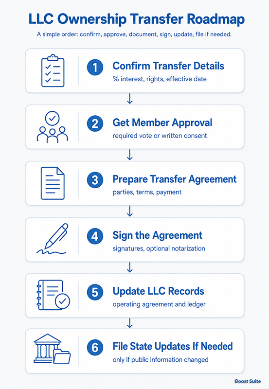 How to Transfer LLC Ownership (2026) 1 LLC ownership transfer steps infographic