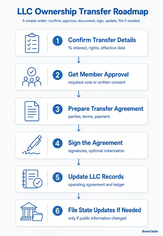 LLC ownership transfer steps infographic