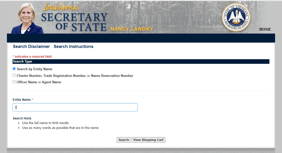 How to Form a Louisiana LLC on geauxBIZ: 2026 Filing Guide 1 Louisiana business search form with entity name, charter number, and agent fields visible