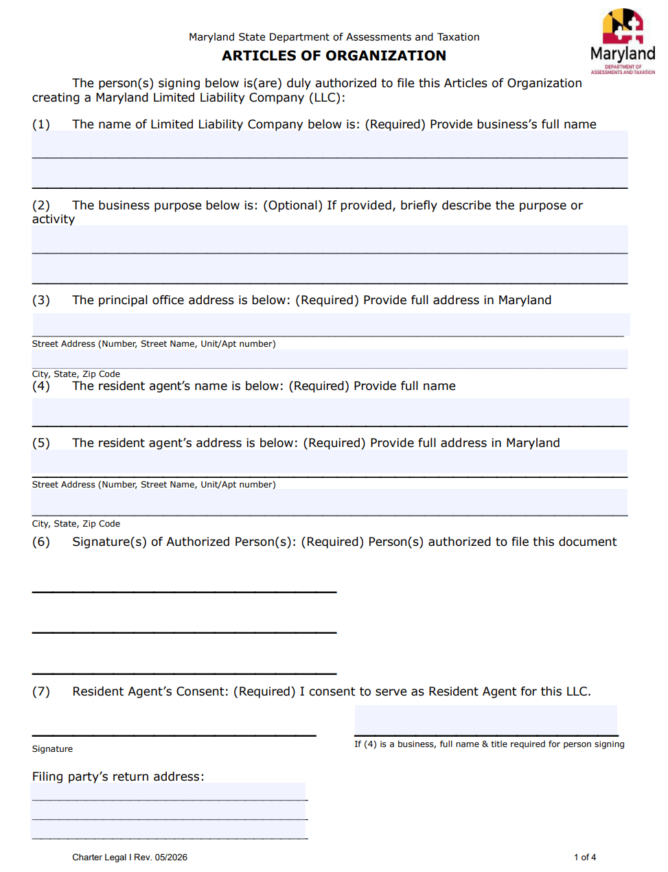 Maryland LLC Articles of Organization form filed with SDAT