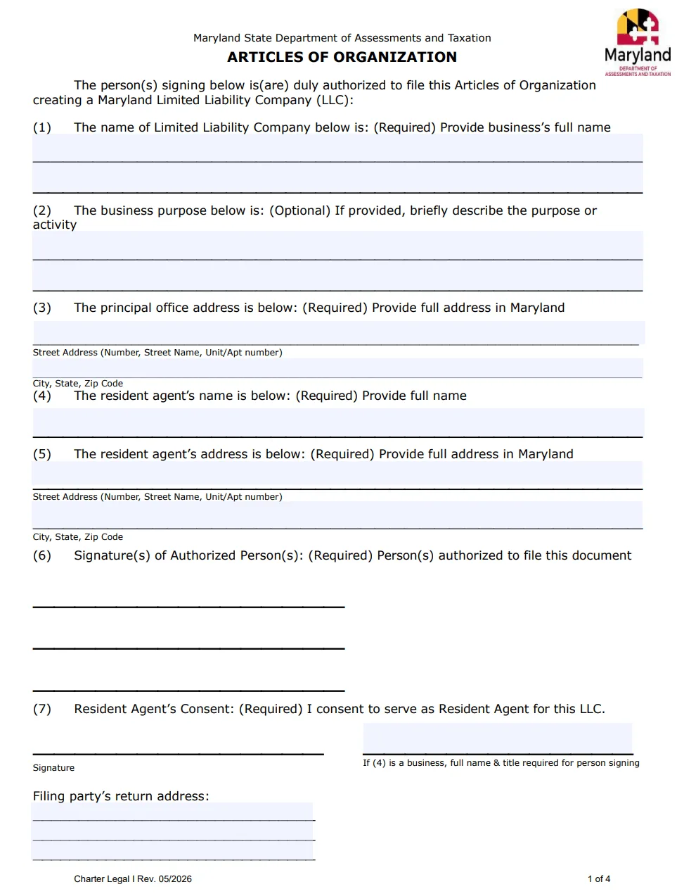 Maryland LLC Articles of Organization form filed with SDAT