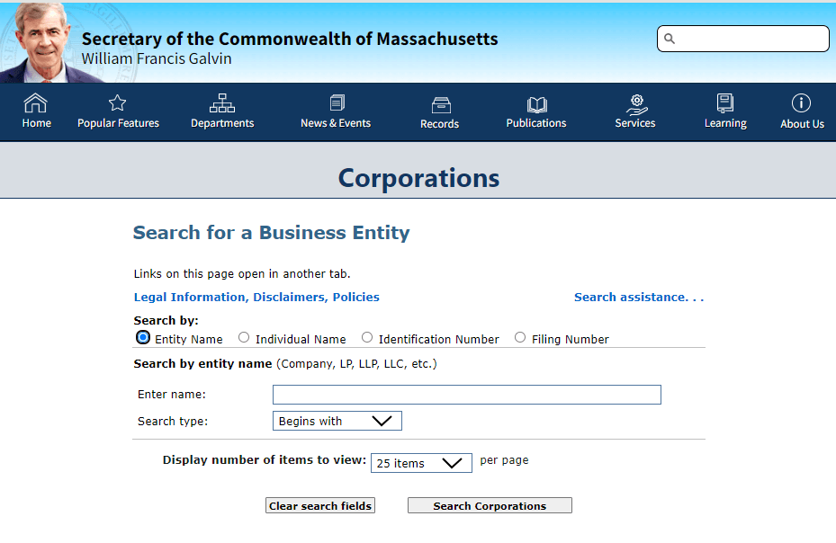 Massachusetts business entity search page for LLC name availability check