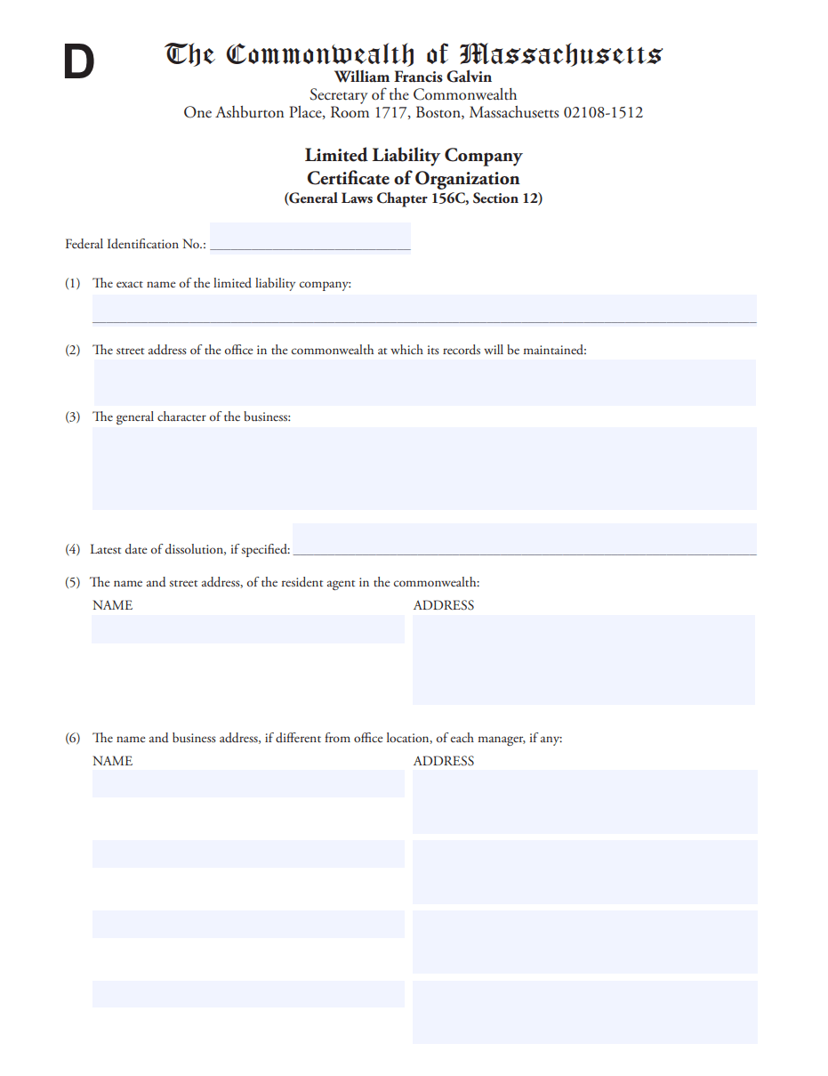 Massachusetts Certificate of Organization LLC paper filing form (Secretary of the Commonwealth)