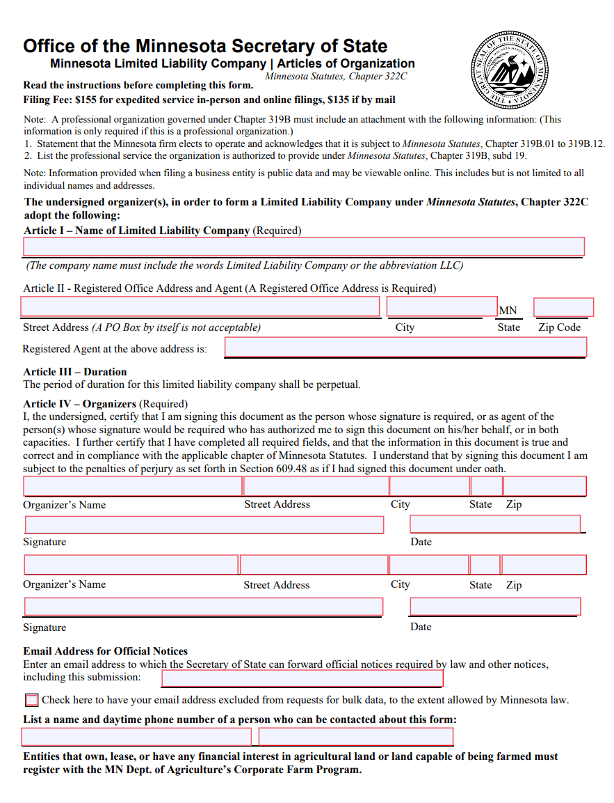 Minnesota LLC Articles of Organization form filed with the Secretary of State