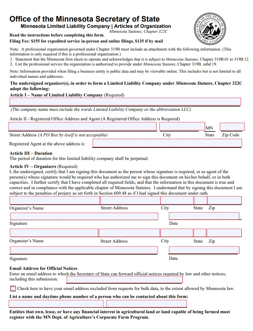 Minnesota LLC Articles of Organization form filed with the Secretary of State