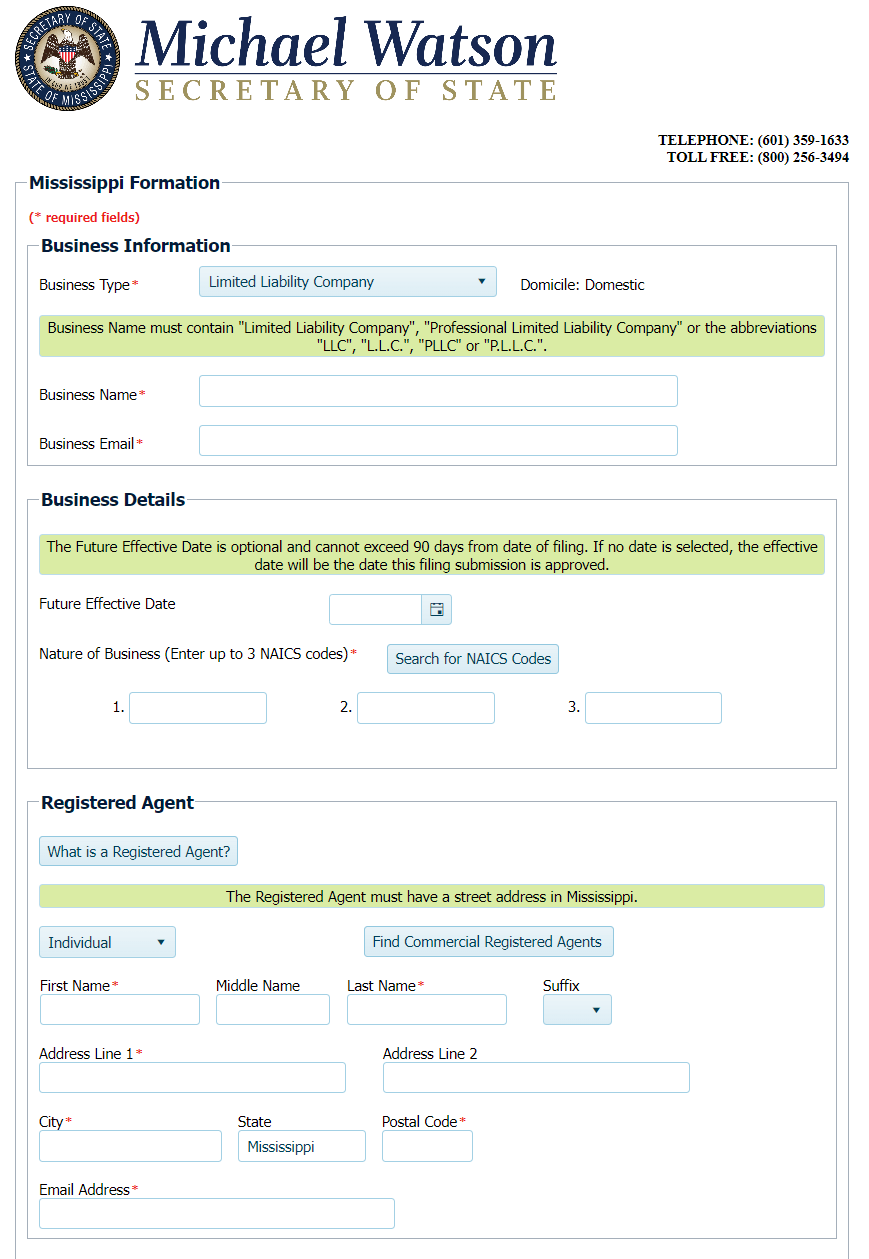 Mississippi LLC Certificate of Formation online filing page