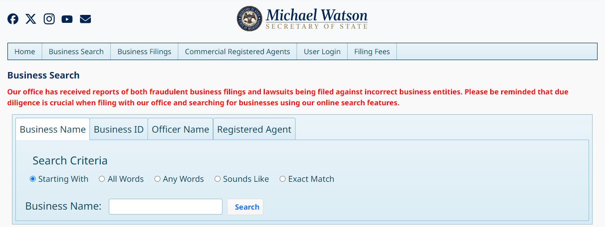 Mississippi Business Search dashboard for LLC lookup