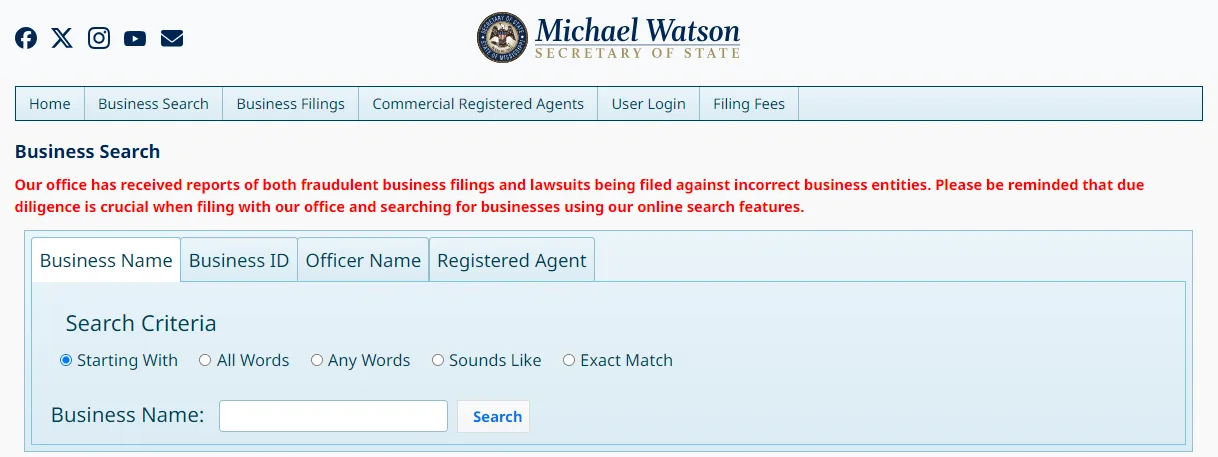 Mississippi Business Search dashboard for LLC lookup
