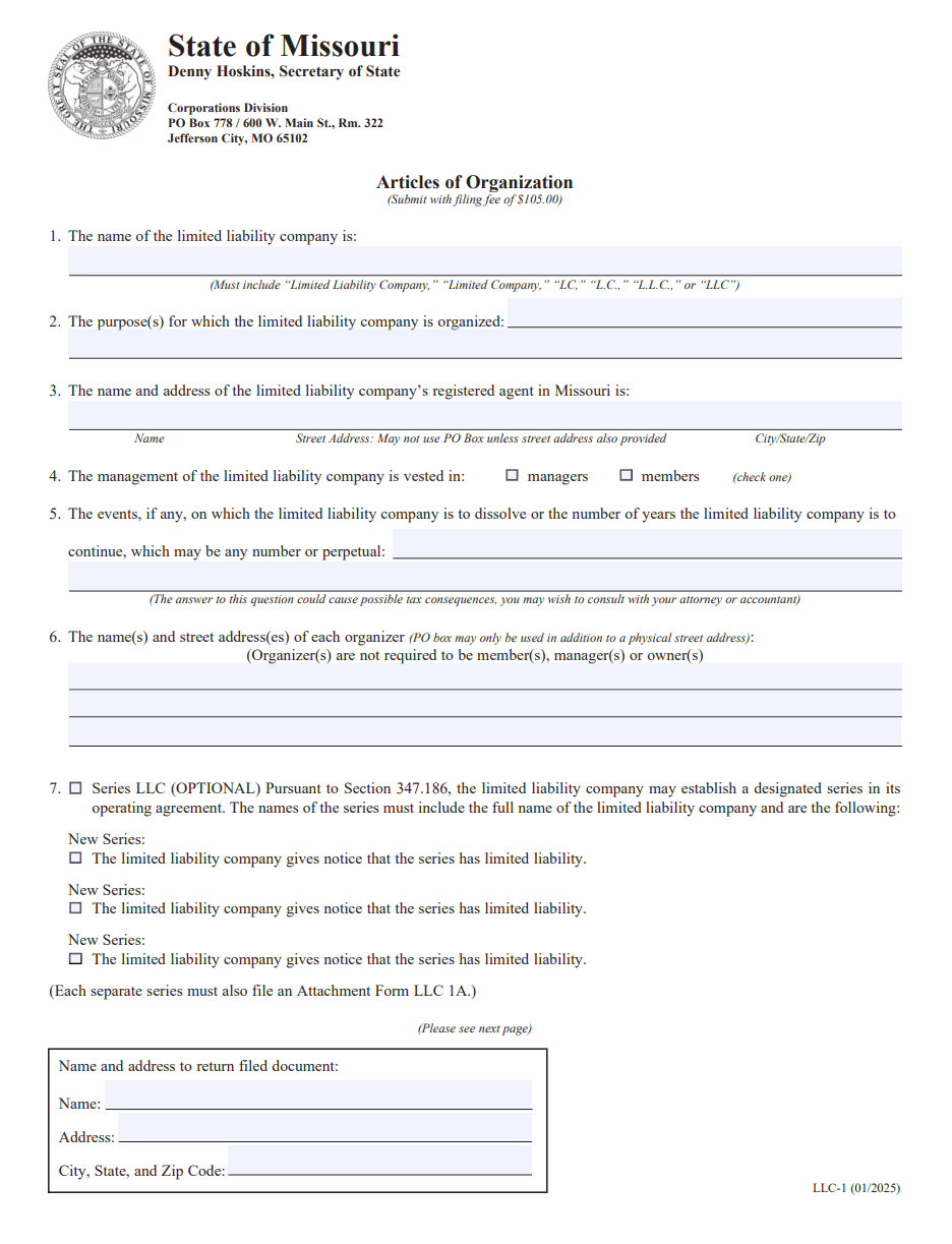 Missouri Articles of Organization Form LLC 1