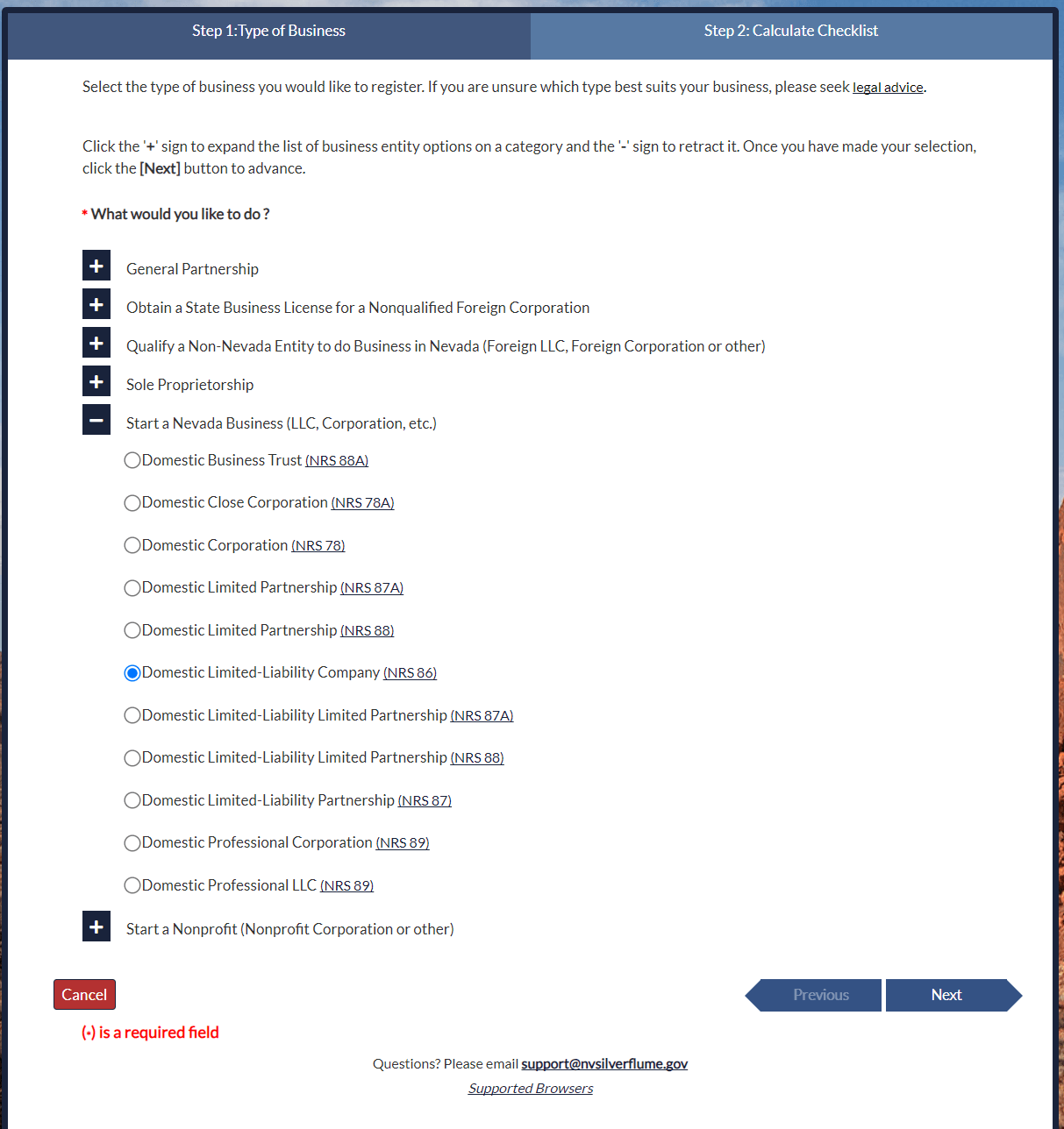Nevada LLC Articles of Organization filing page on SilverFlume