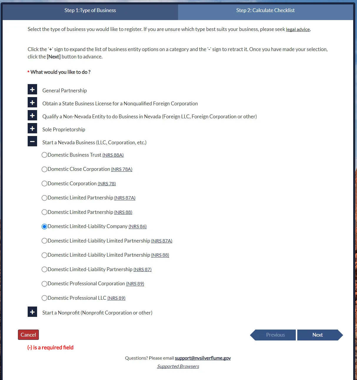 Nevada LLC Articles of Organization filing page on SilverFlume