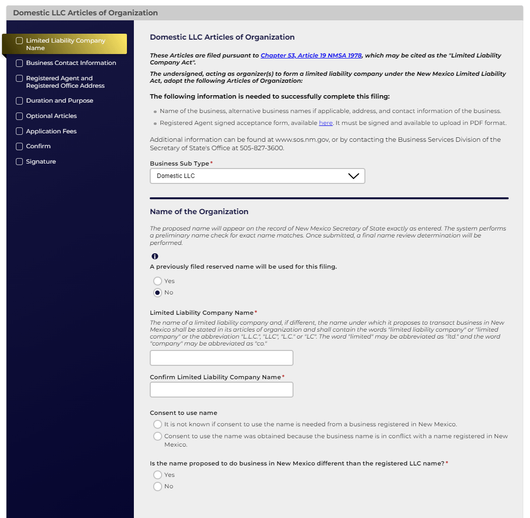 New Mexico Domestic LLC Articles of Organization filing on the Business Portal