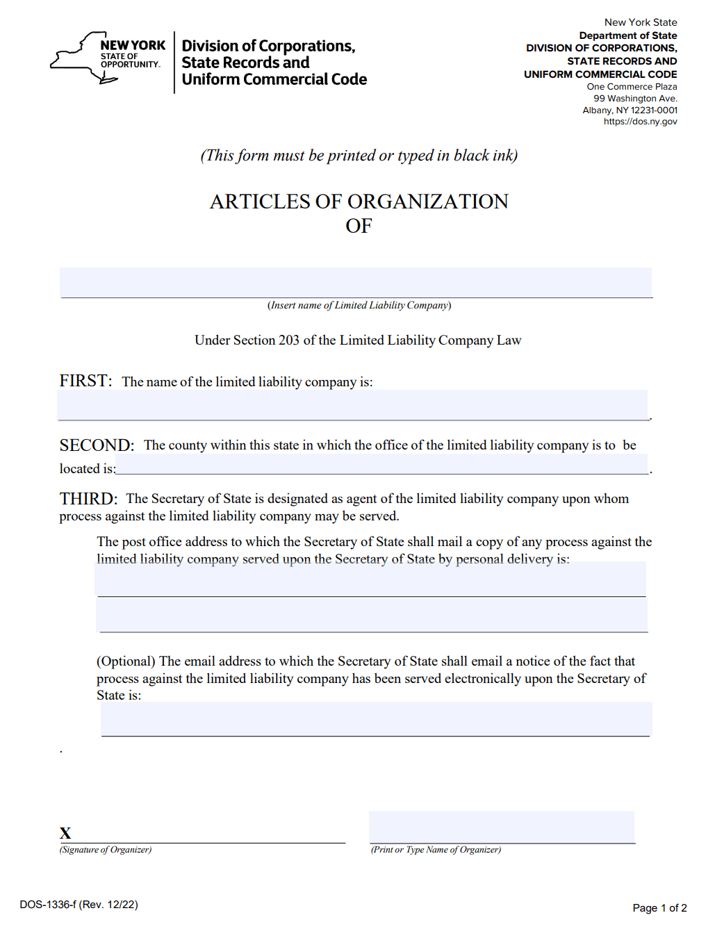 New York LLC Articles of Organization DOS-1336-f form